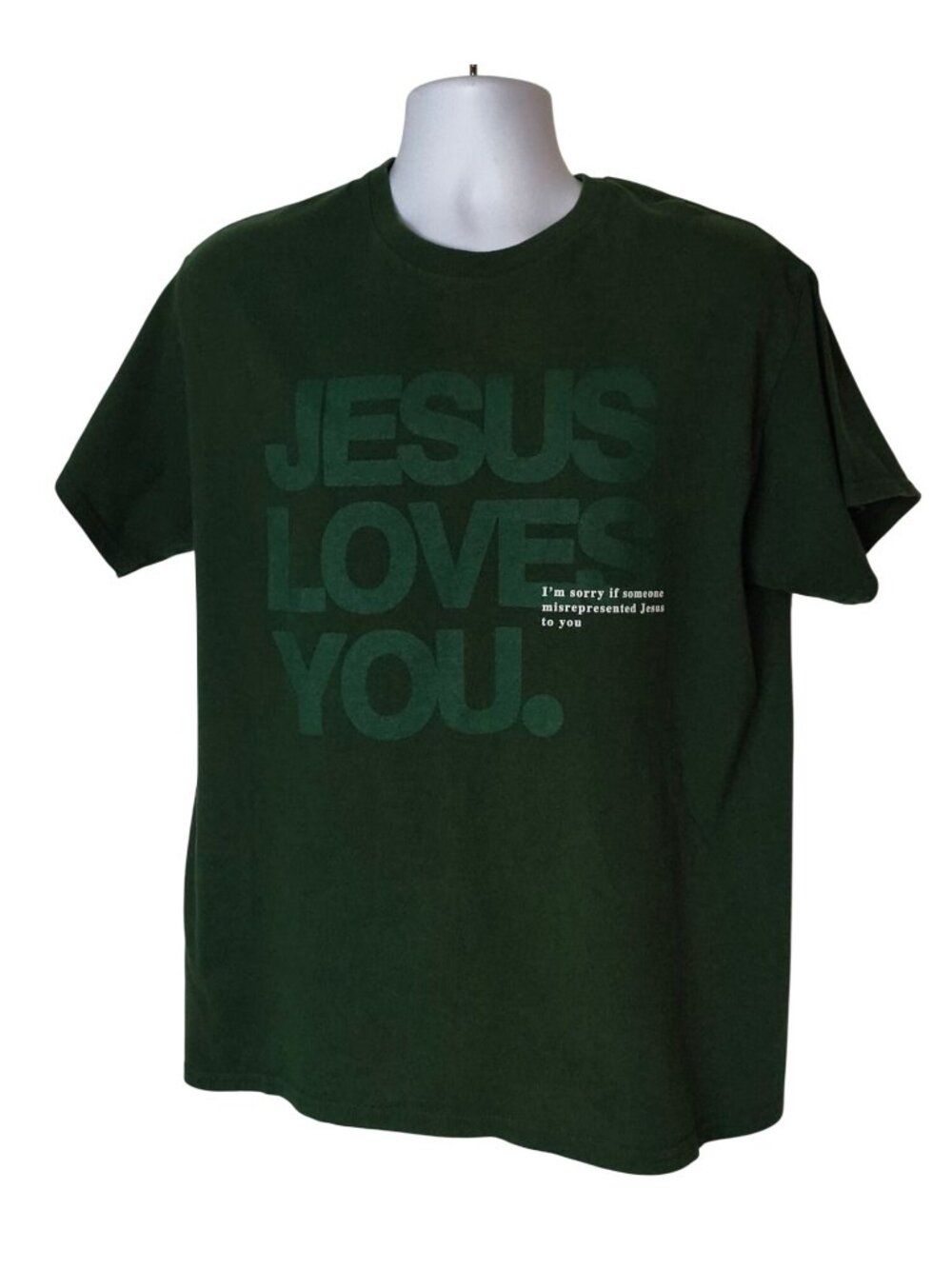 Jesus Loves You L Tee Green Cotton Positive Religious Message Faith Christian